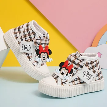 Disney Mickey Mouse Autumn Winter High Top Plaid Canvas Shoes  Boys and Girls Baby Casual Shoes Children's Shoes Board Shoes