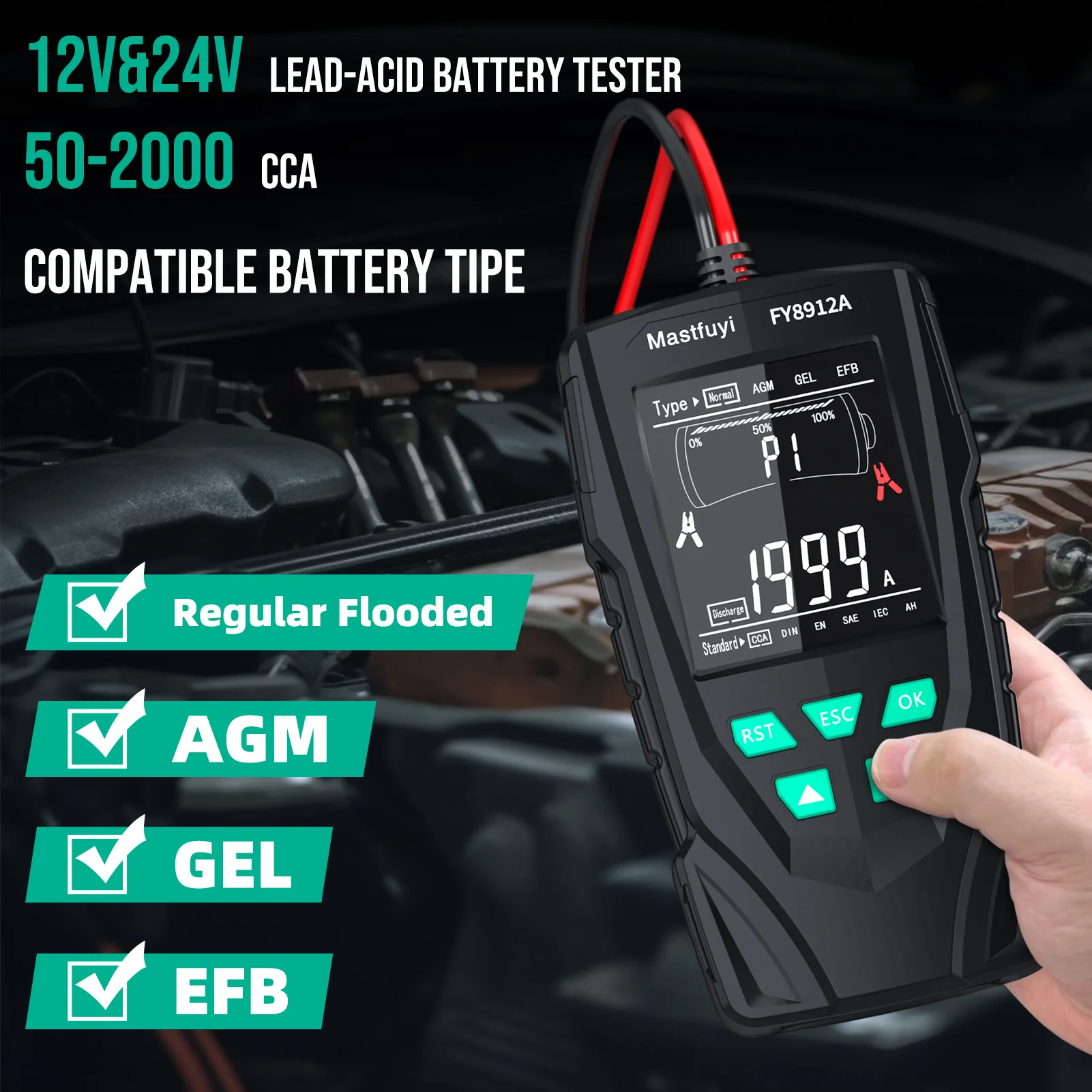 Battery Tester MASTFUYI FY8912A Car Battery System Tester 12V 24V Car Motorcycle Truck System Analyzer 50-2000CCA Charging Cranking Test Tool