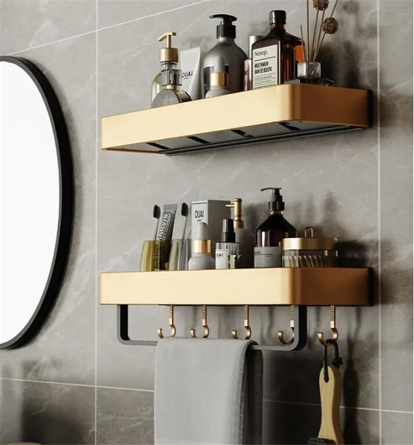 Brushed Gold Double Shower Shelf Aluminum Organizer Wall Mounted Caddy  Holder