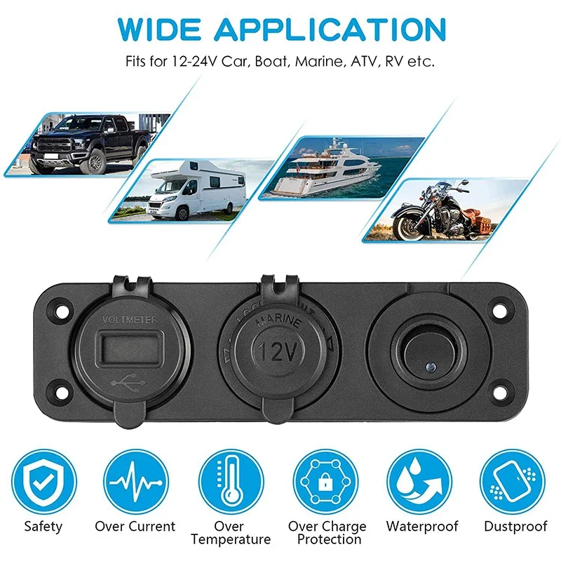 패널 담배 라이터 소켓 QC3.0, USB C 타입 PD 자동차 충전기 콘센트 전원 어댑터, 자동차 보트 RV용 전압계 포함, 3 in 1