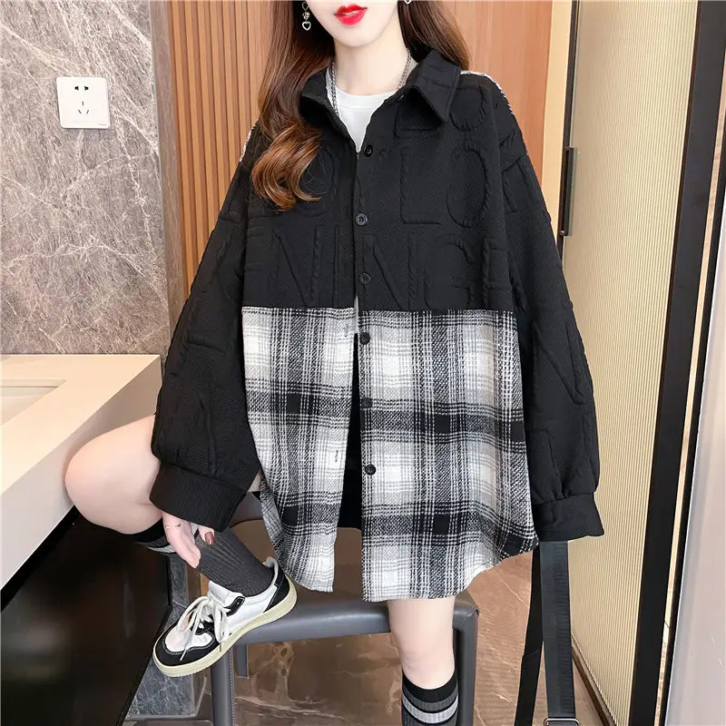 Fashion Lapel Letter Spliced Plaid Casual Shirts Women's Clothing 2023 Autumn Winter Oversized Korean Tops Commuter Blouses