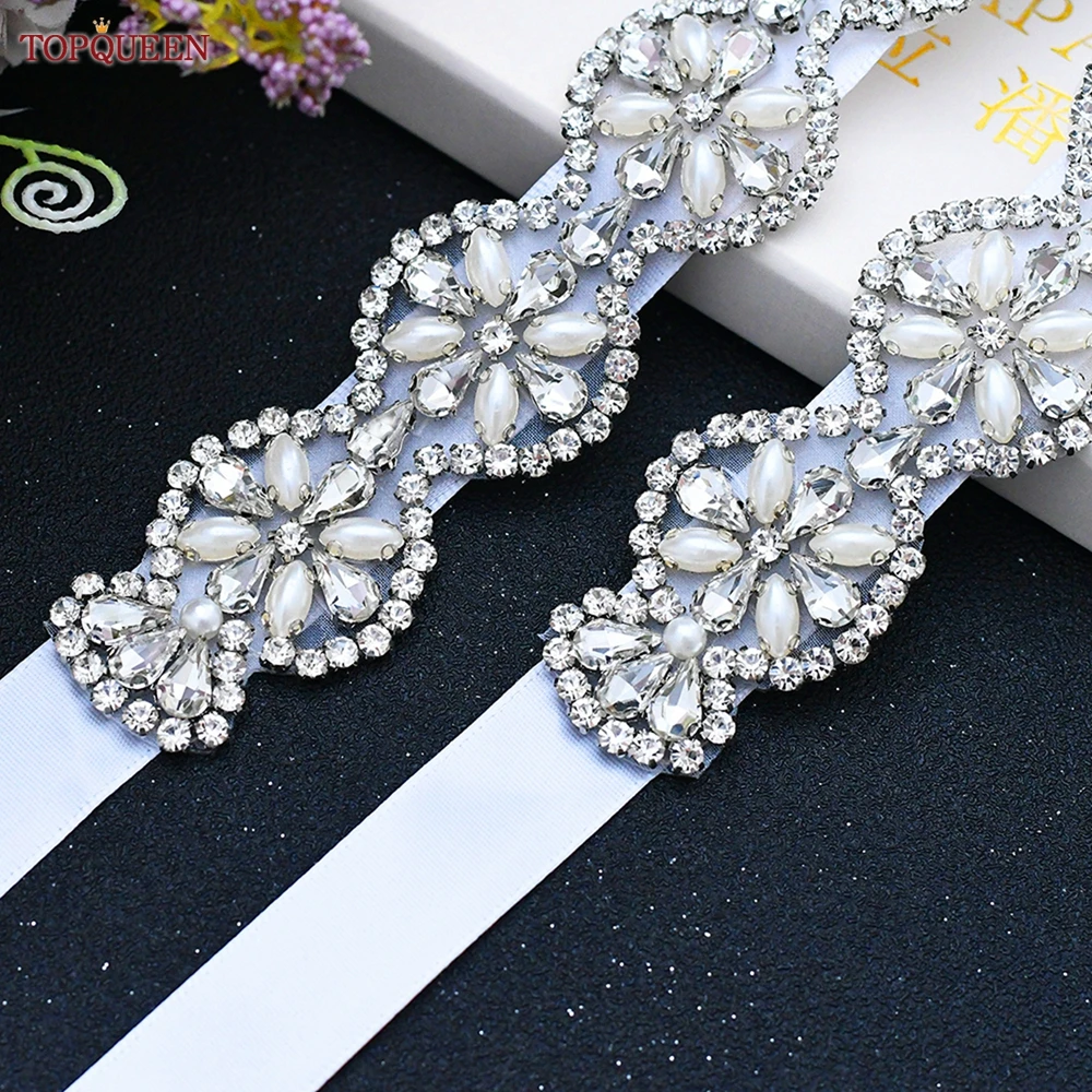 TOPQUEEN Bridal Belts Bling Wedding Women Jewelry Silver Rhinestone Pearl Crystal Sparkly Party Formal Dress Diamond Sash S161