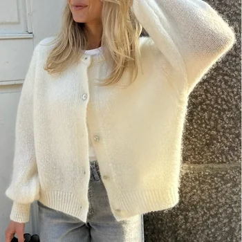 2024 Women’s Solid O-Neck Knit Cardigan – Loose Long Sleeve Sweater