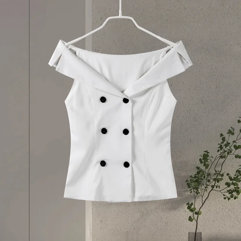 Fashion Off Shoulder Double-breasted Vest Women Sexy Slim Sleeveless Waistcoat Summer New Ladies Fashion Tops Streetwear