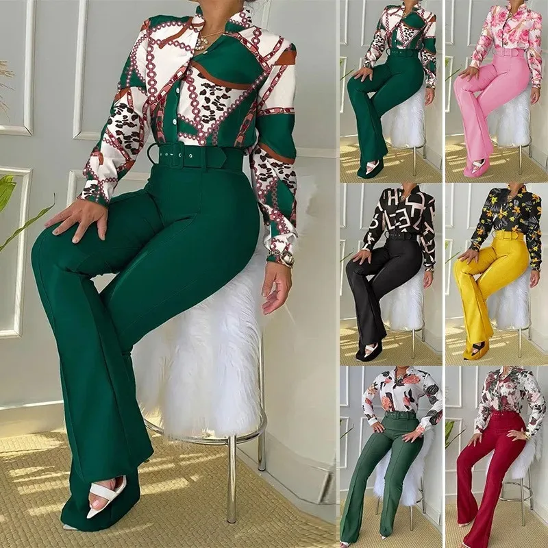 Elegant Women Printed Two Piece Suit Sets Autumn Winter V Neck Long Sleeve Shirt Top & Long Pants Set With Belt Workwear Outfits