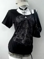 Vintage Gothic Prints Black T-Shirt Women Y2K Harajuku Fashion Punk Off-shoulder Sling Sexy Slim Summer Casual Trendy Top - Image 4