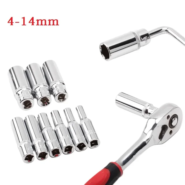 1pc Deep Socket 4/5/6/7/8/9/10/11/12/13/14mm Deep Socket Adapter 1/4inch Hex Socket Wrench Heads Ratchet Tool 2