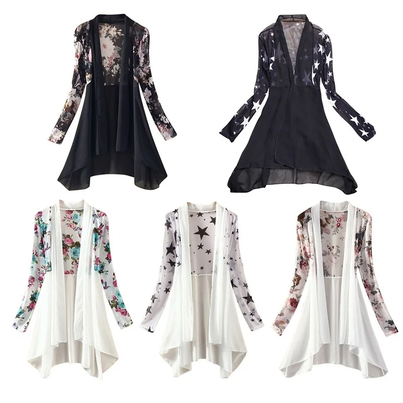 Summer Women Blouse Long Sleeve Chiffon Sunscreen Shirts Flower Print Cardigan Loose Casual Sun Protection Shirt Top