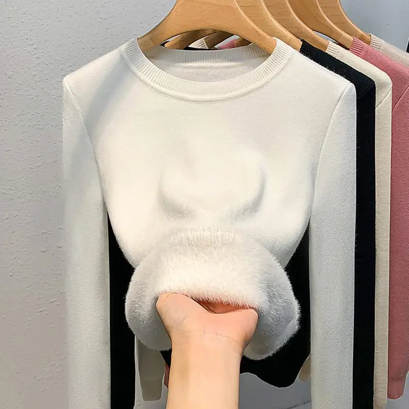 

SOWXOF Women's O-neck Plus Velvet Thicken Sweaters Winter Slim Warm Knitted Tops Casual Plush Fleece Lined Soft Pullover