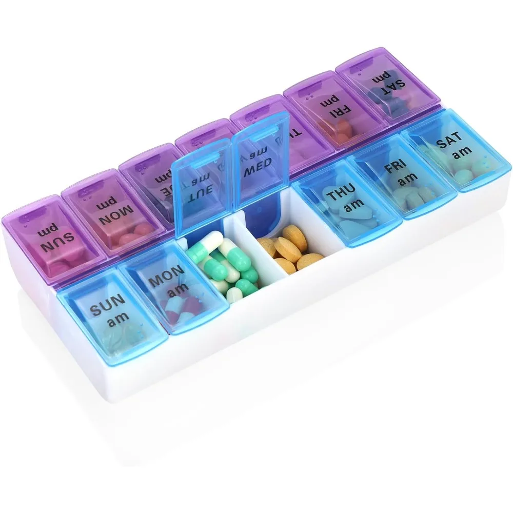 Premium Weekly Twice-Daily Pill Organizer - Easy Open, BPA-Free Travel Case for Vitamins and Medications