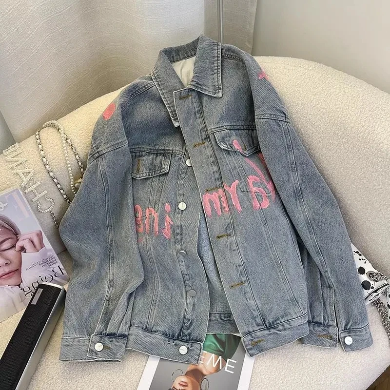 

2024 New Spring Autumn Denim Letters Graffiti Casual Jacket Women's Outwear Loose Single-Breasted Fried Street Jeans coat Tops