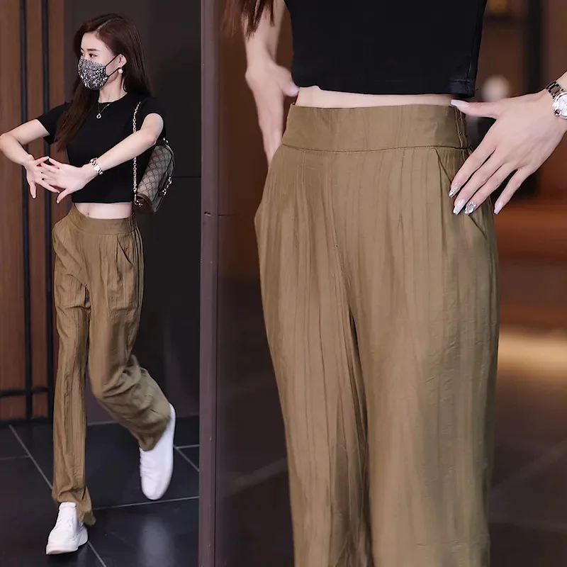 Spring Lady Thin Style Sagging Sensation Straight Cylinder Summer High Waisted Solid Color All-match Comfortable Casual Trousers