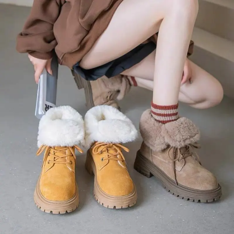 NEW Plush Women's Winter Snow Boots Fur Warm Woman's Short Ankle Boots Comfortable Cuffed Casual Square Heel Thick Sole Fluffy