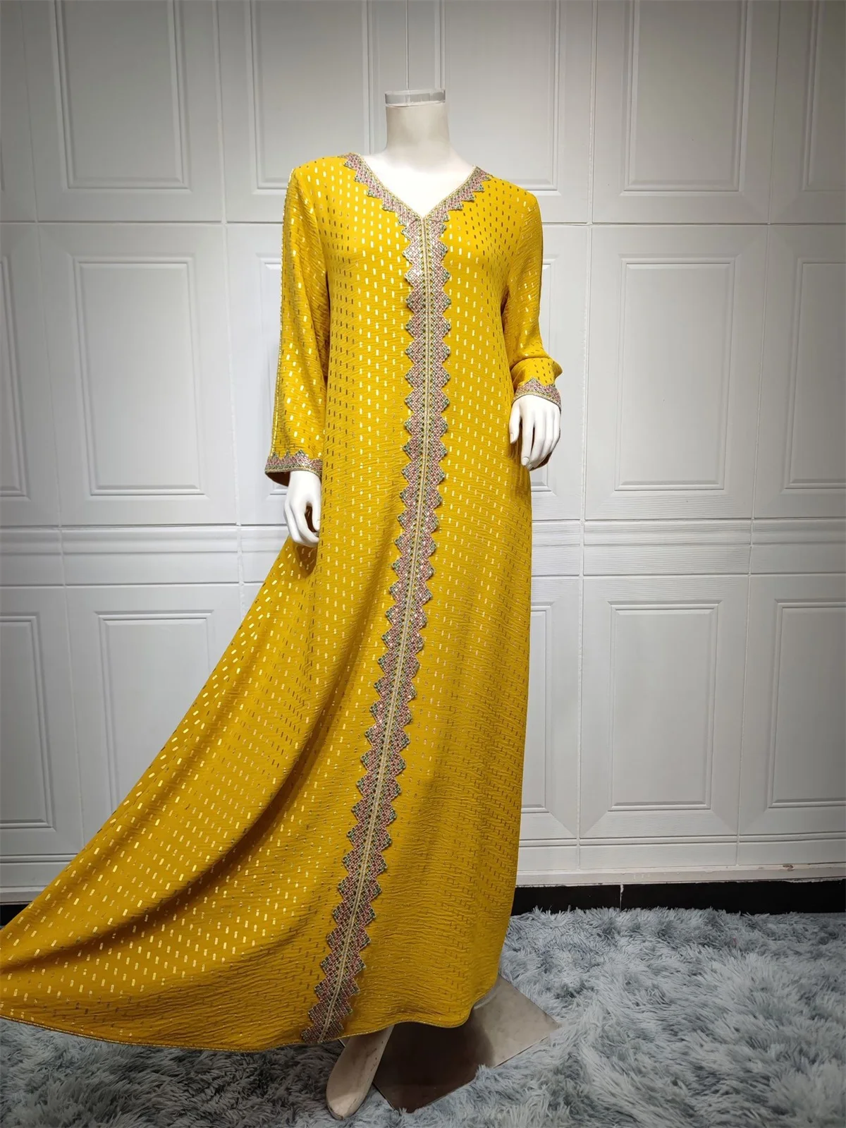 Eid Dress For Woman Elegant Polka Dot Print V-Neck Floral Lace Panel Dress Modest Fashion 7 Colors Jalabiya 2023 Spring Summer