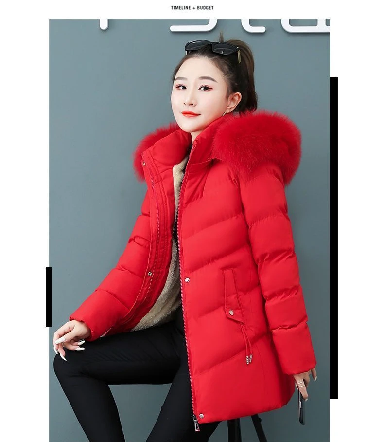 Women's Coat Cotton Coat for Women Mid-length Winter Padded Thickened Warm Removable Collar Hooded Cotton Clothes Zipper Pockets