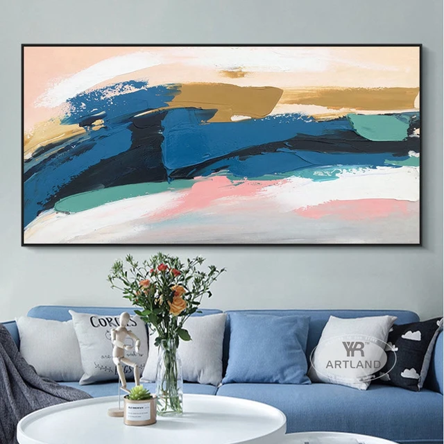 Pure Handmade Abstract Thick Oil Painting On Canvas Blue Color Palette