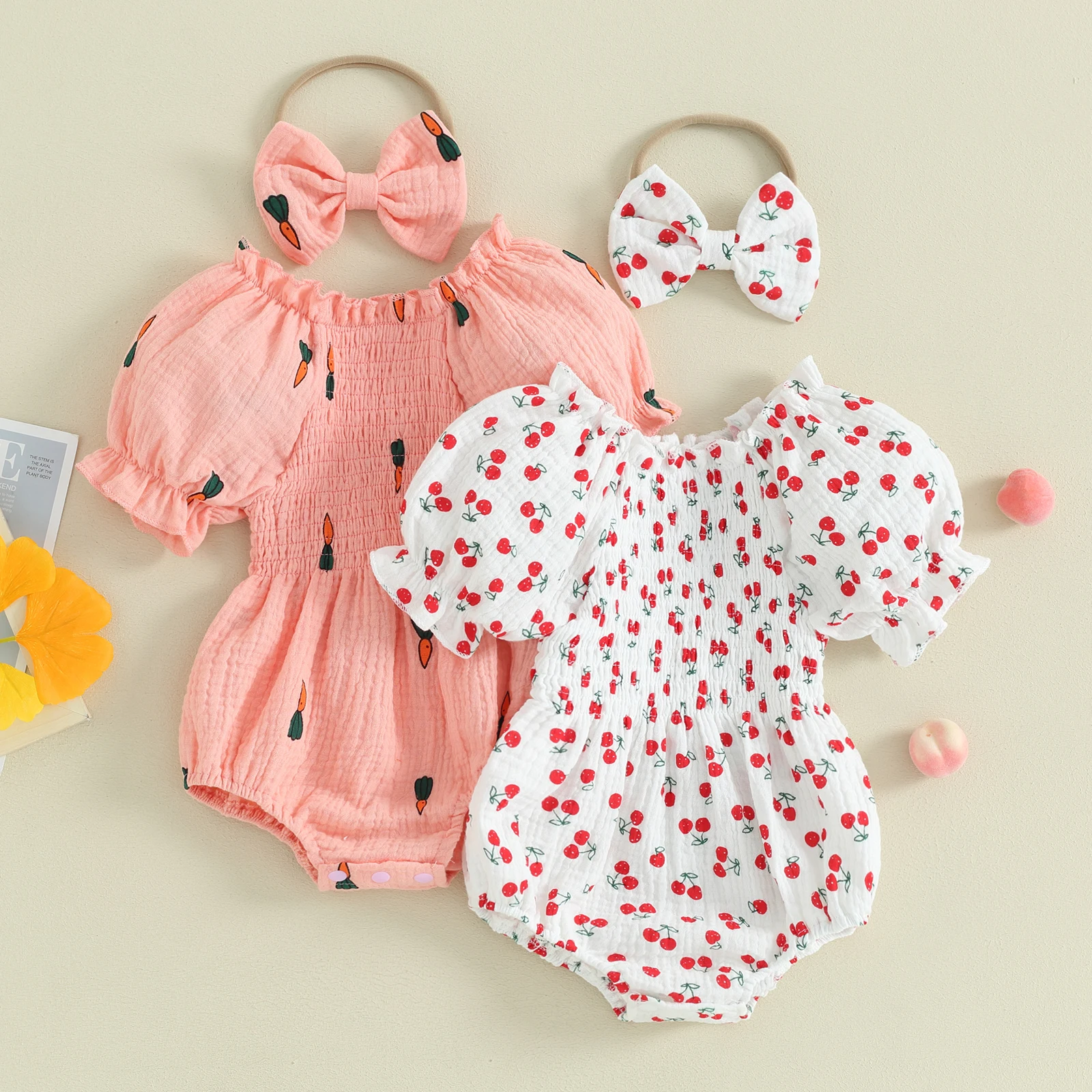 

Baby Girl Summer Outfits Short Puff Sleeve Cherry/Carrot Print Romper with Headband Set Infant Girls Bodysuits Clothes Sunsuits