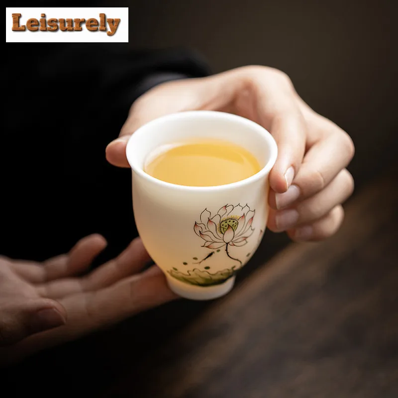 125ml Biscuit Firing Ice Jadeite Porcelain Hand Drawn Teacup Tea Bowl Tea Pair Tea-tasting Smelling Cup Chazhan Master Cups Tea