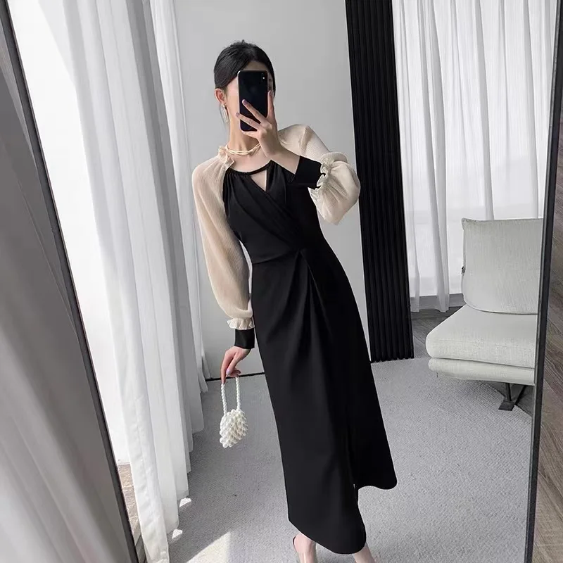 

Postpartum Woman Breastfeeding Dress Long Lantern Sleeve Hollow Out Collar Split Dress Maternity Party Dress Has Zip Fly Nursing