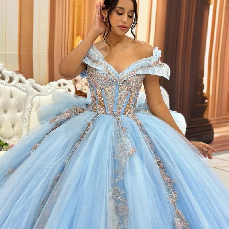 

Sky Blue Quinceanera Dress Off The Shoulder Party Prom Dress Ball Gown Flower Applique Lace Tiered Girl Sweet 16 Party Gown Vest