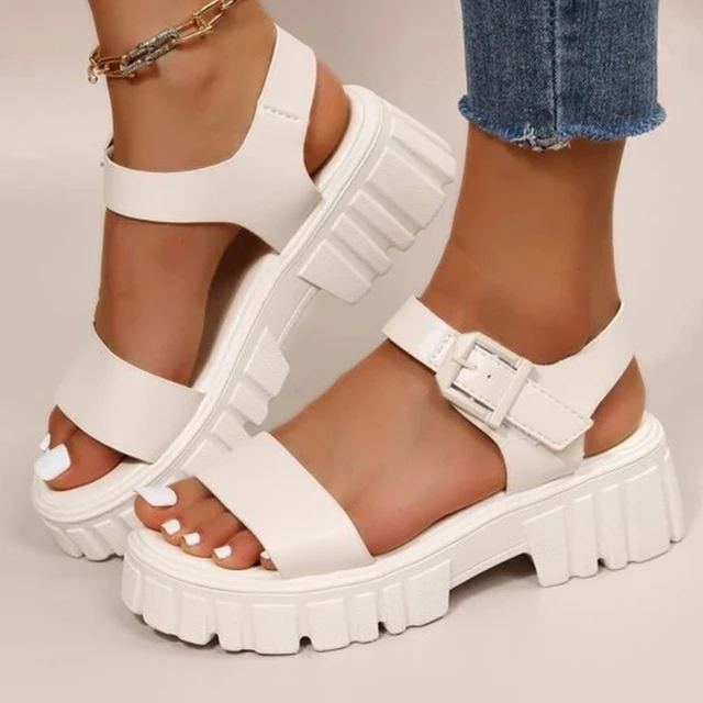 Women Minimalist Buckle Detail Ankle Strap White Wedge Sandals