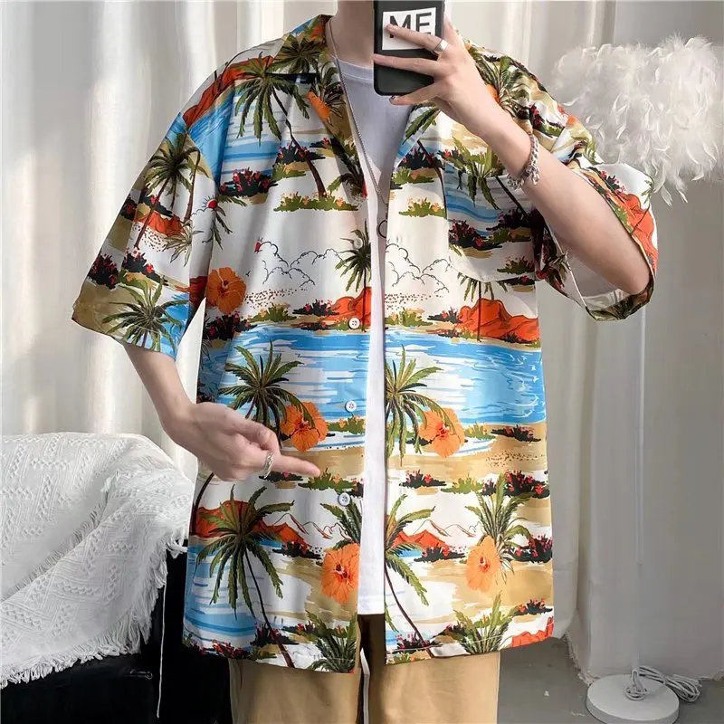 

Y2K Summer New Trendyol Vintage Palmeiras Print Cargo Shirt Men Hawaiian Short Sleeve Casual Mens Women Couple Shirts Oversized