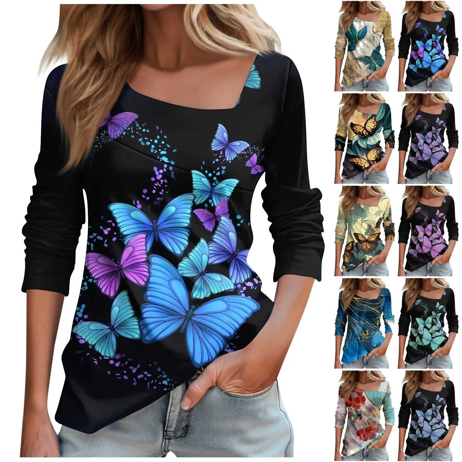 2022 Magliette Con Colletto Quadrato Moda Casual Manica Lunga Con Stampa A Farfalla Skew Neck Top Ropa De Mujer Barata Y Envcio Gratis Ofertas