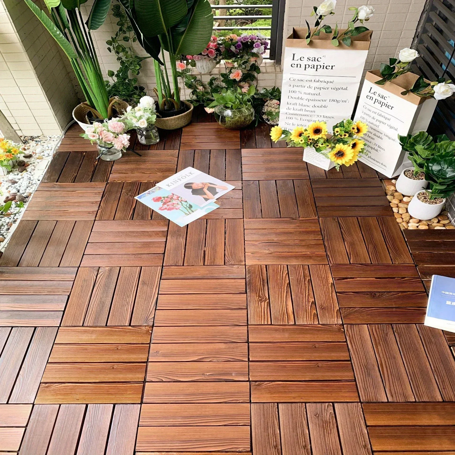 21pcs Splicing Solid Wood Flooring, Solid Splicing Terrace Tiles, Quick Splicing DIY Terrace, Deck Garden, and Poolside Flooring