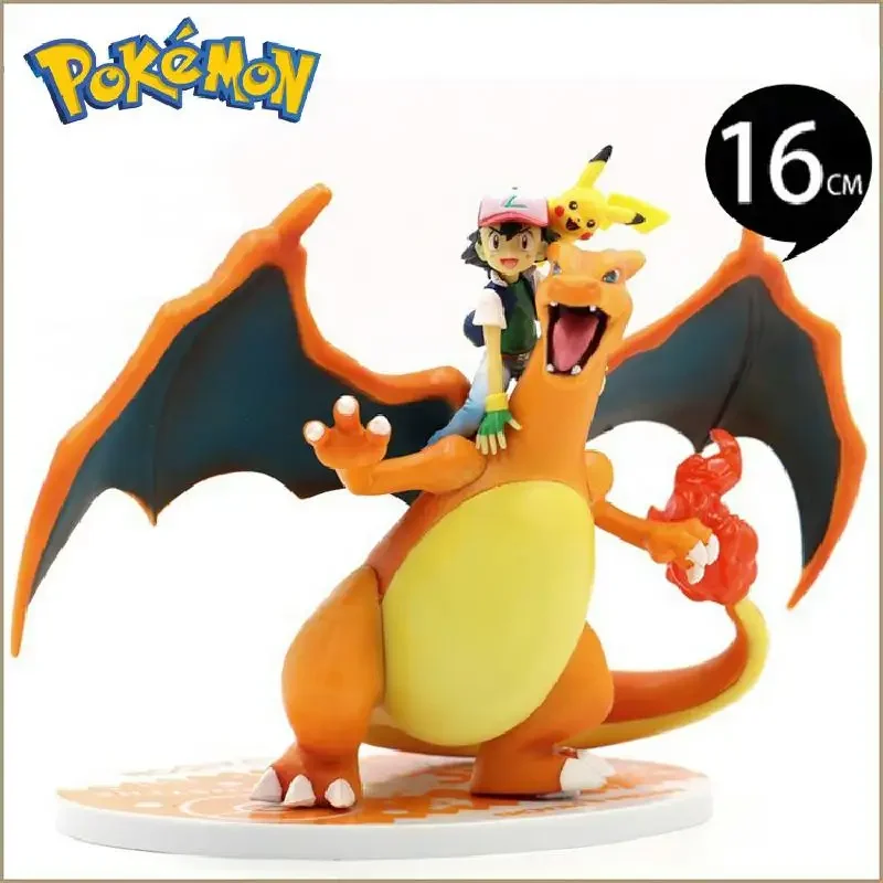 

16cm Anime Pokemon Figure Ash Ketchum Pikachu Charizard Charmander Combination Statue PVC Action Figurine Collectible Model Toys