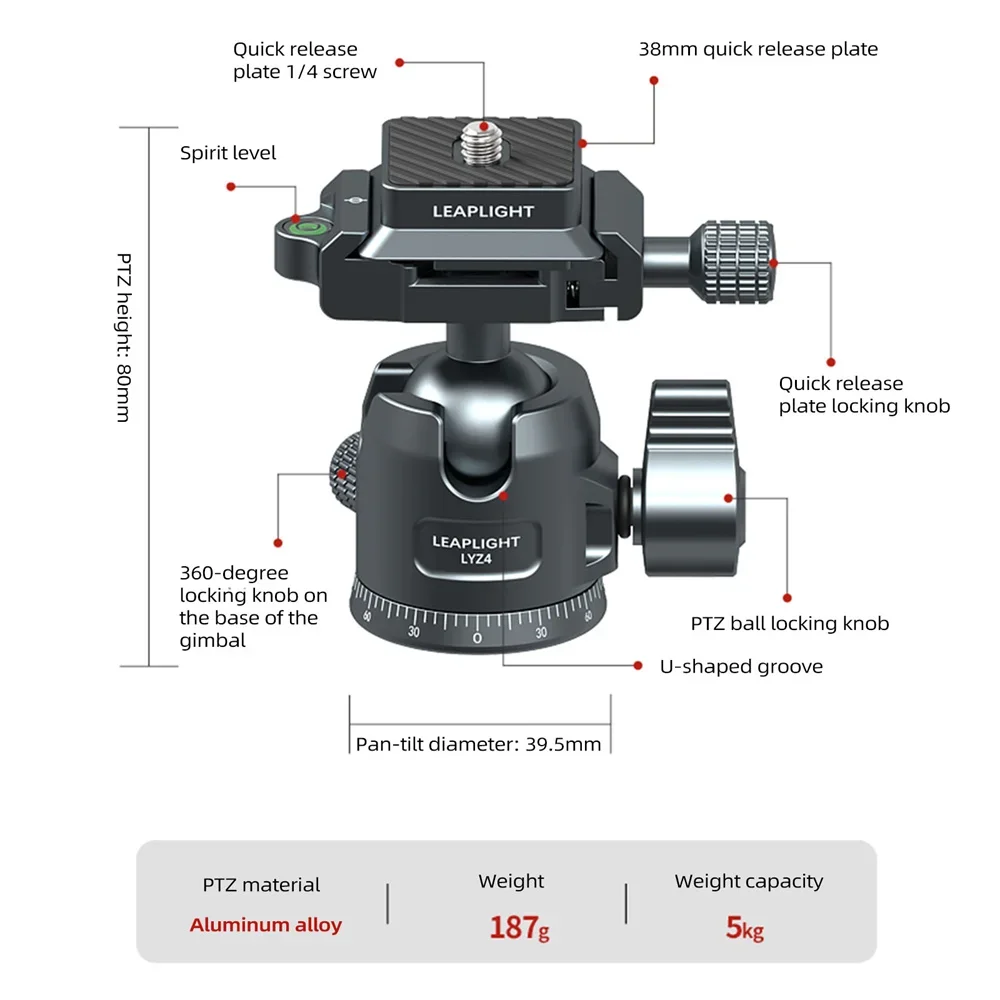 DSLR 카메라용 파노라마 볼 헤드, 1/4 인치 아르카 타입 퀵릴리즈 플레이트, 삼각대 모노포드 스태빌라이저