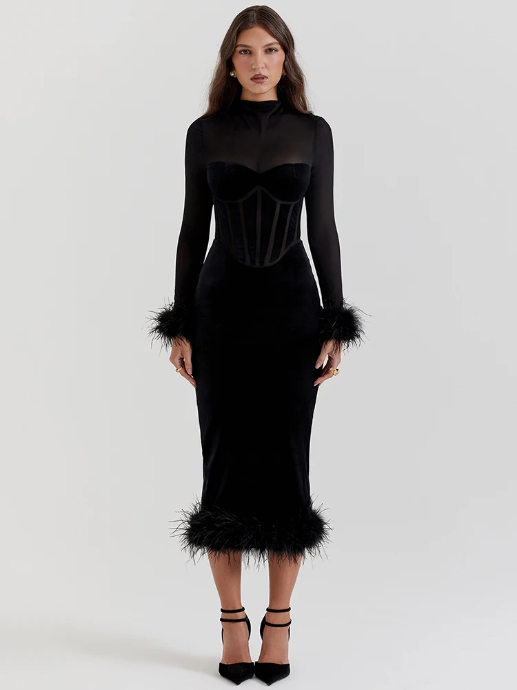 

Sheer Long Sleeve Backless Bodycon Club Party Long Dress Elegant Feather Sexy Midi Dress For Women Black Fashion