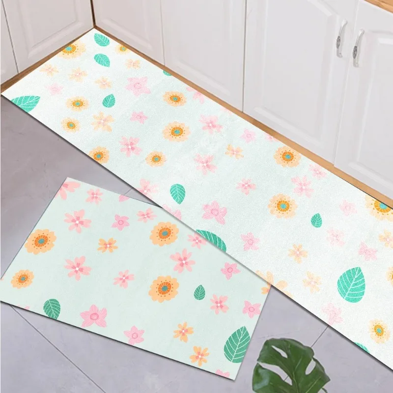 PVC Kitchen Floor Mat Floral Pastoral Fresh Waterproof Oil-proof Bathroom Runner Carpet Non-slip Dirty Resistant Balcony Rugs 러그