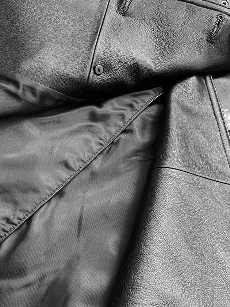 Spring Women Double Breasted Belted Long Sheepskin Trench Coat Fashion Genuine Leather Jacket Military Style Moto Windbreaker