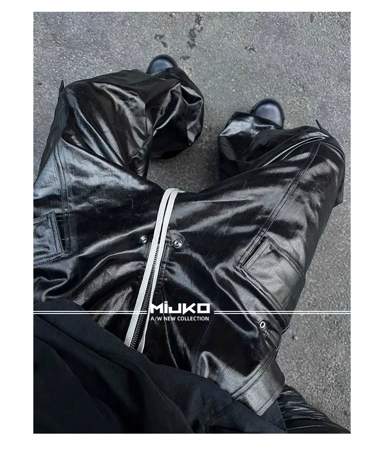 Description Picture 5 of itemHKSH Men's Tide Dark RO Style Glossy Coated Workwear Cargo Pants Unisex Wide Legged Black Casual Women Overalls Techwear HK0845