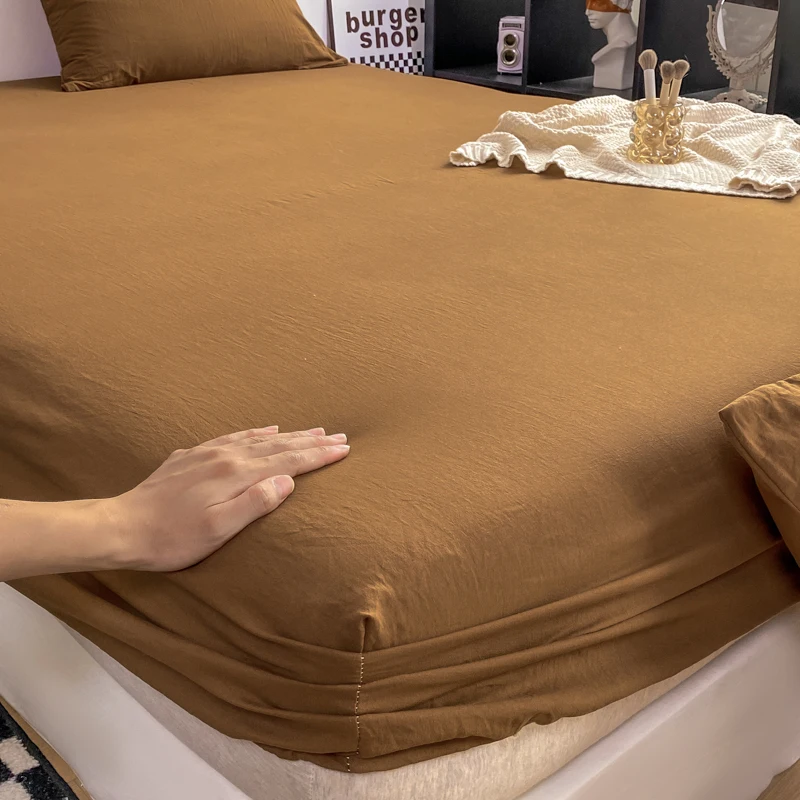 Washed Cotton Fitted Sheet with Elastic Bands Non Slip Adjustable Mattress Cover for Double King Queen Bed 90x200 150x200 180 2