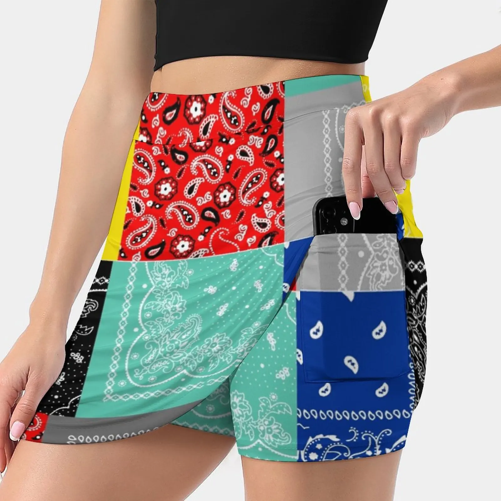 

Bandana Paisley Patchwork Pattern New Women Skirts Double-Layer Printed Short Dress Mini Sport Skirt Bandana Paisley Patchwork