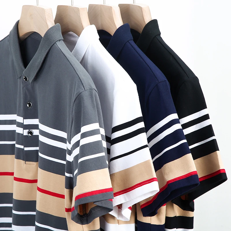 하이 퀄리티 남성용 스트라이프 반팔 티셔츠, 모든 코튼 얇은 비즈니스 라펠, 남성 폴로 셔츠, 남성 스타일