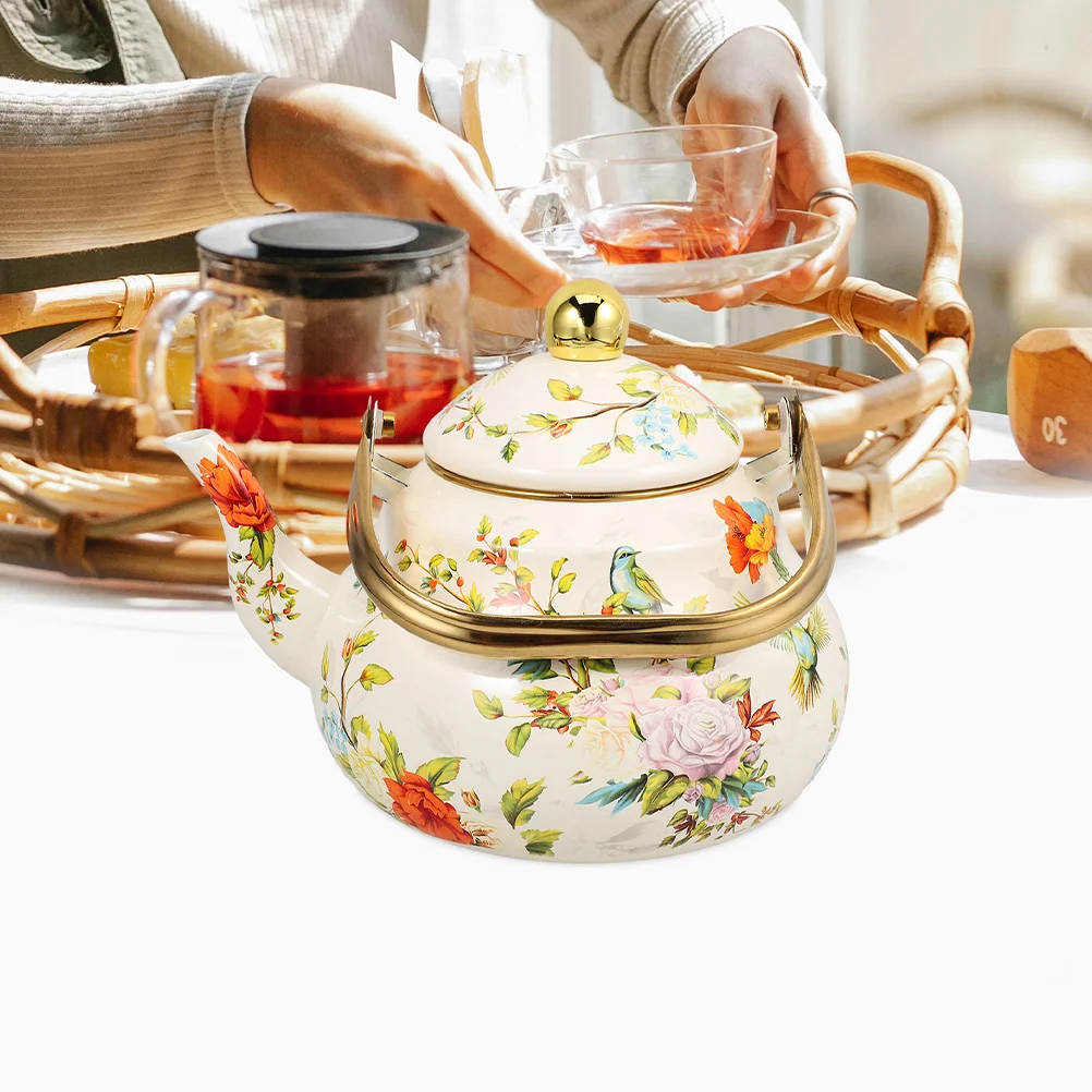 Retro Enamel Tea Kettle Stovetop Teapot Water Boiling Pot Cute Retro Teakettle China Teapot Kitchen Cookware Home Garden
