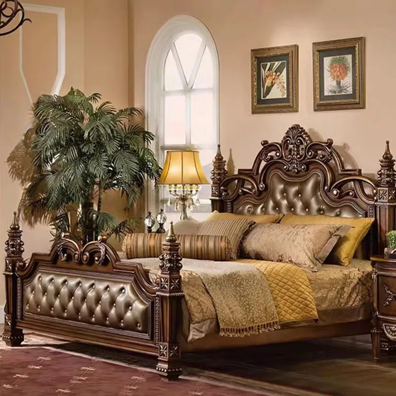 Master Modern Aesthetic Bed Bedrooms Nordic Wood Salon Luxury King Size Bed Genuine Leather Letto Matrimoniale Room Furniture