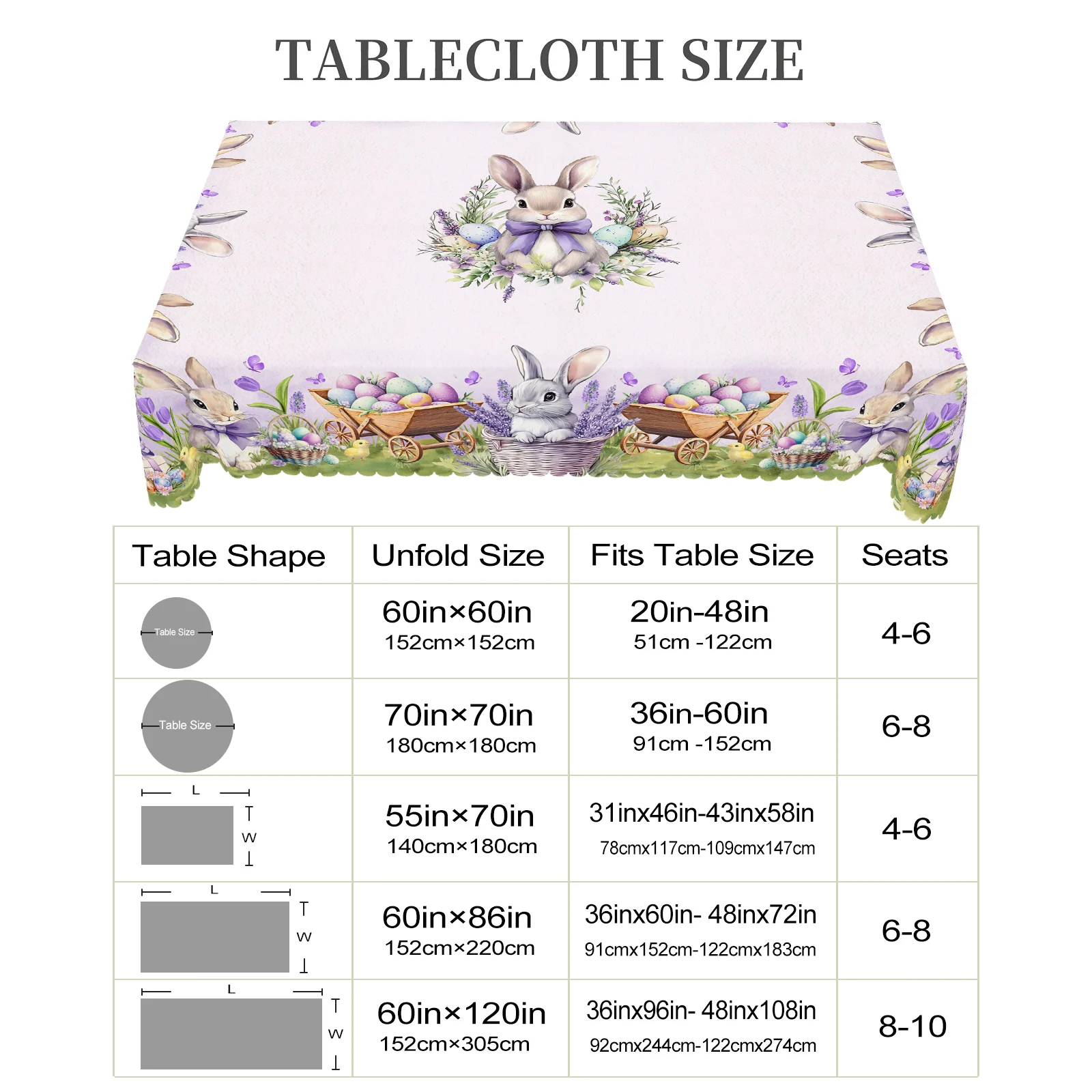 1 Easter Round Tablecloth, 5 Sizes Available, Lavender Easter Bunny Egg Print Tablecloth, Edge Embossing Process, Spring Garden Tablecloth Decoration, Tablecloth for Daily Home Kitchen, Terrace Use, Decoration