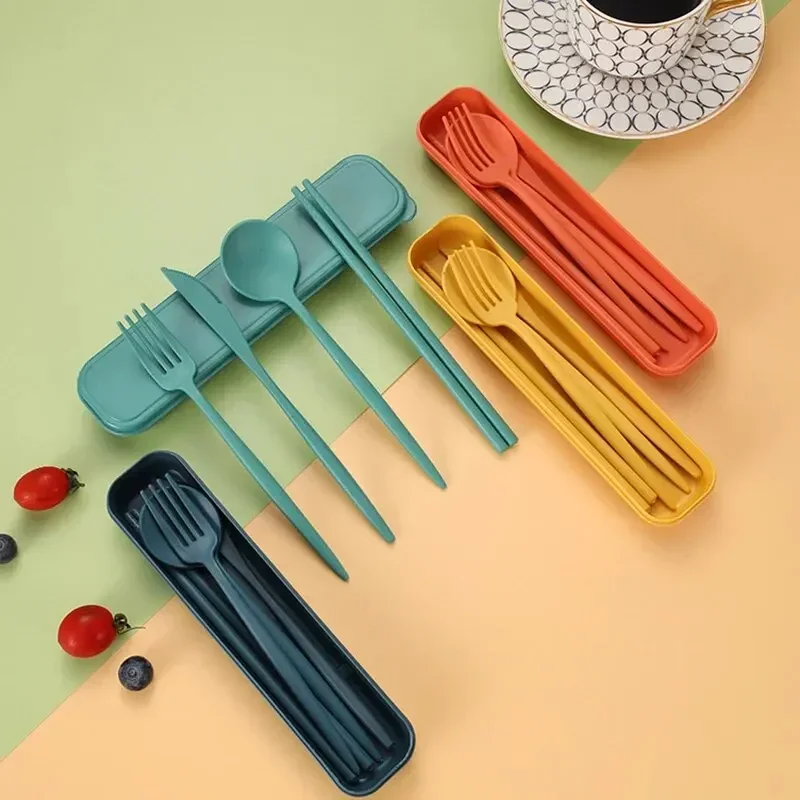 Cutlery Set 4-piece Wheat Straw Tableware Knives Forks Spoons Chopsticks New Portuguese Plastic Portable Tableware Set Dinnerware Set
