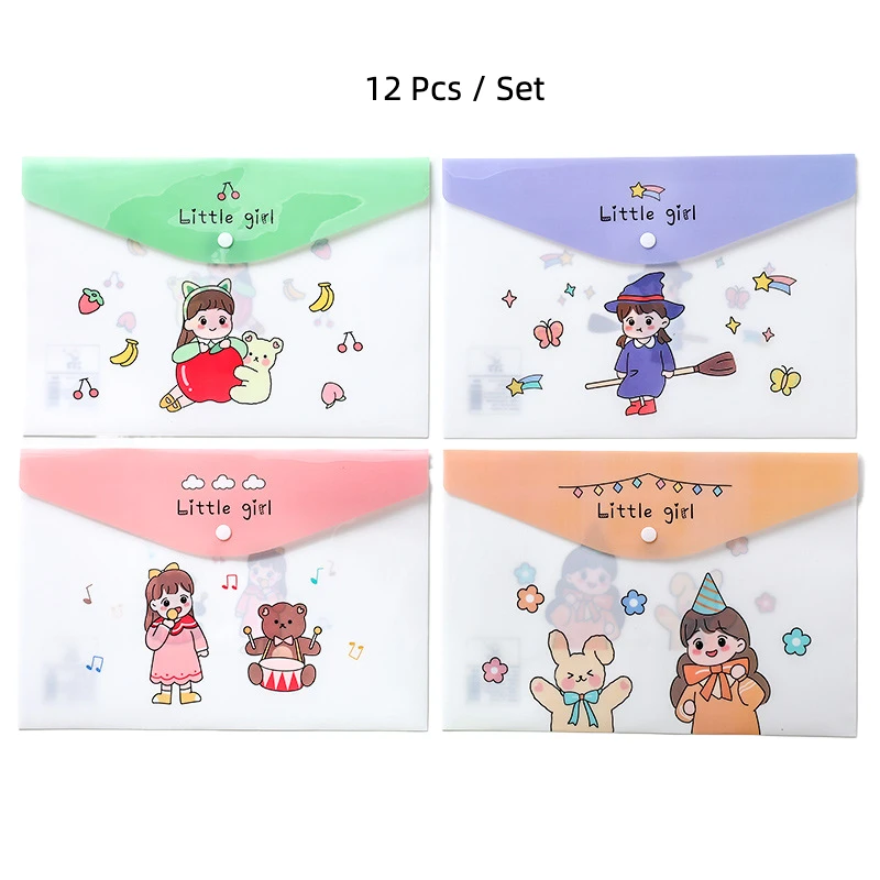 12Pcs/set Of A4 Cartoon Cute File Folders Snap Bags Pink Dinasour Pattern Documents Pockets For Girls Boys School Supplies