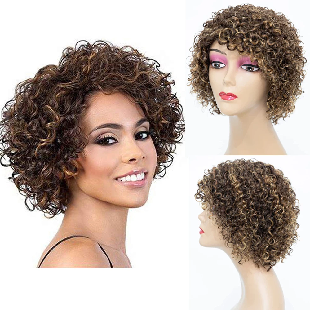 

Short Curly Human Hair Wigs For Black Women Human Hair Copper Brown Curly Wigs UDU Non Lace Glueless Wig with Side Bangs Piano C
