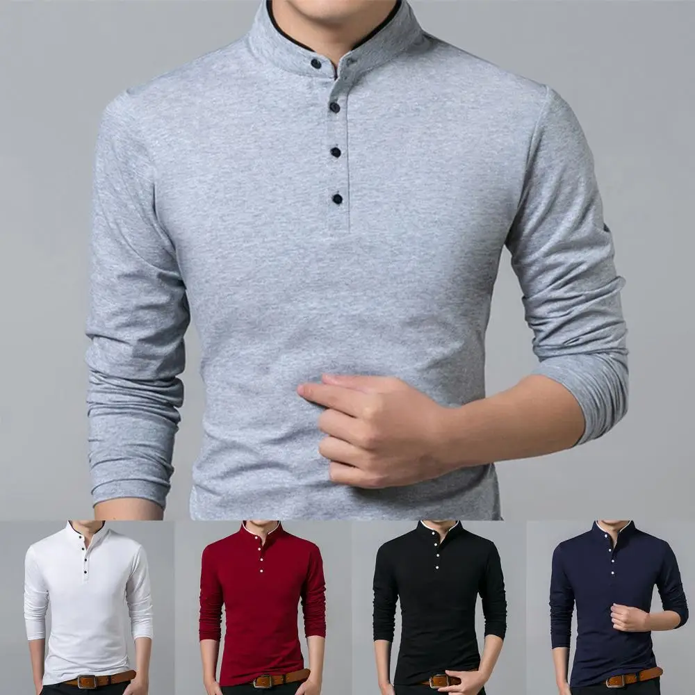 

Men Autumn Solid Color Long Sleeve Stand Collar Base T-shirt Buttons Sweatshirt
