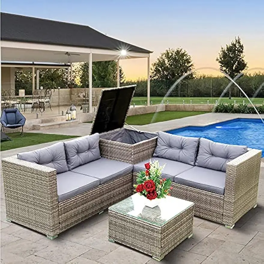 

Lepfun 4 Piece Patio Sectional Wicker Rattan Outdoor Furniture Storage Box,Practical and Beautiful Sofa Set,Suitable for Garden