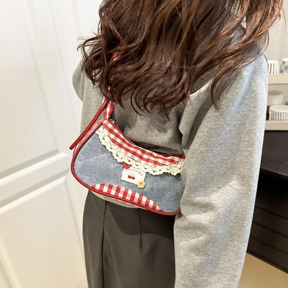 Borsa Hobo in Denim con Decorazioni in Pizzo a Quadretti, Borsa a Tracolla con Fiocco e Cuore, Borsetta Crossbody per Ragazze Stile Y2K - immagine 5