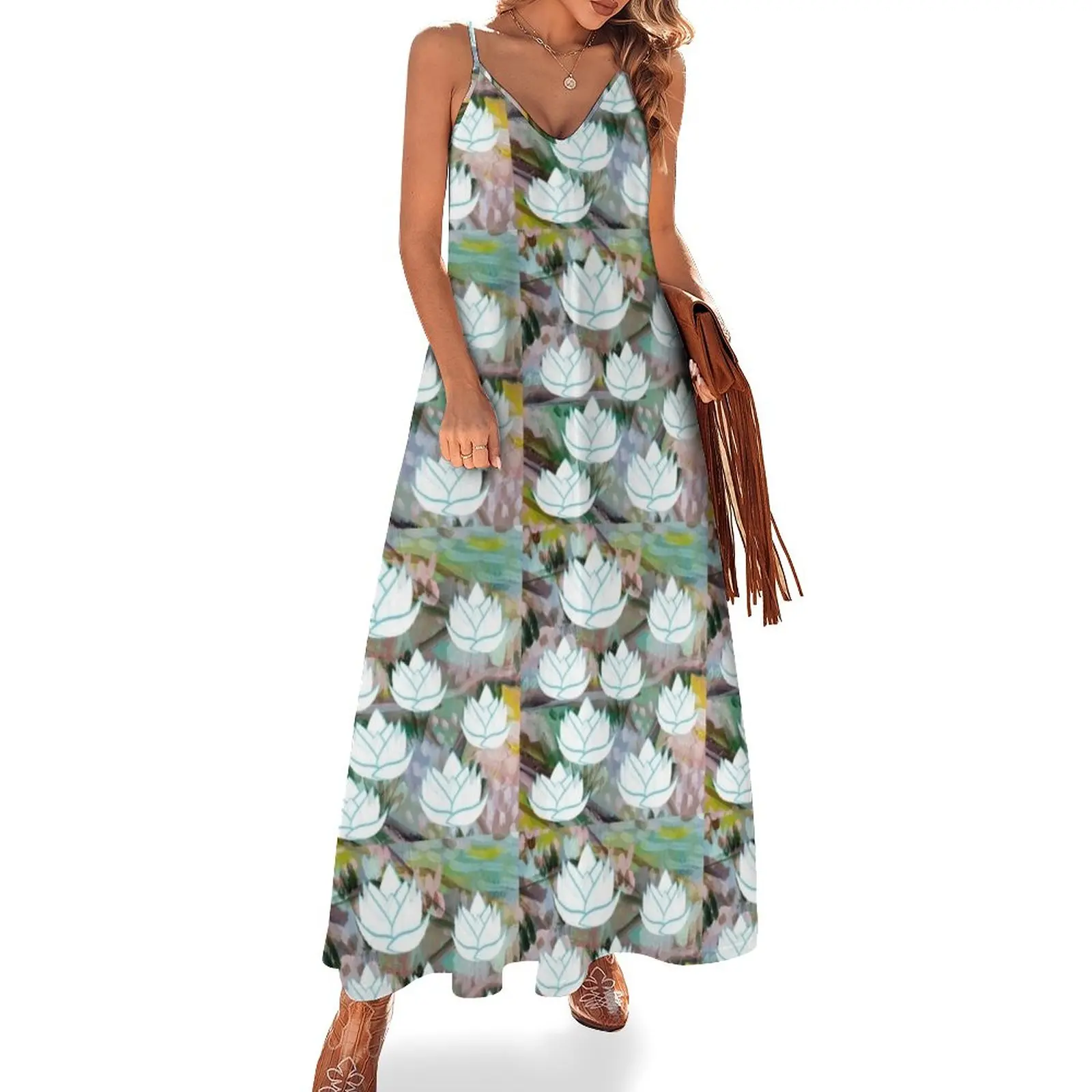 

White Lotus blue trim Sleeveless Dress clothes for women dresses korean style