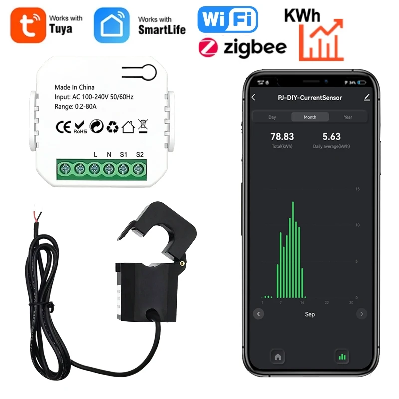 

Tuya Smart Life ZigBee WiFi Energy Meter 80A with Current Transformer Clamp KWh Power Monitor Electricity Statistics AC100-240V