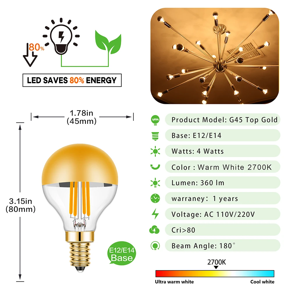 G45 에디슨 LED 필라멘트 전구 E12 E14 4W 디밍이 가능한 110V 220V 글로브 탑 골드 따뜻한 화이트 미러 라이트 펜던트 램프 홈 장식 소스