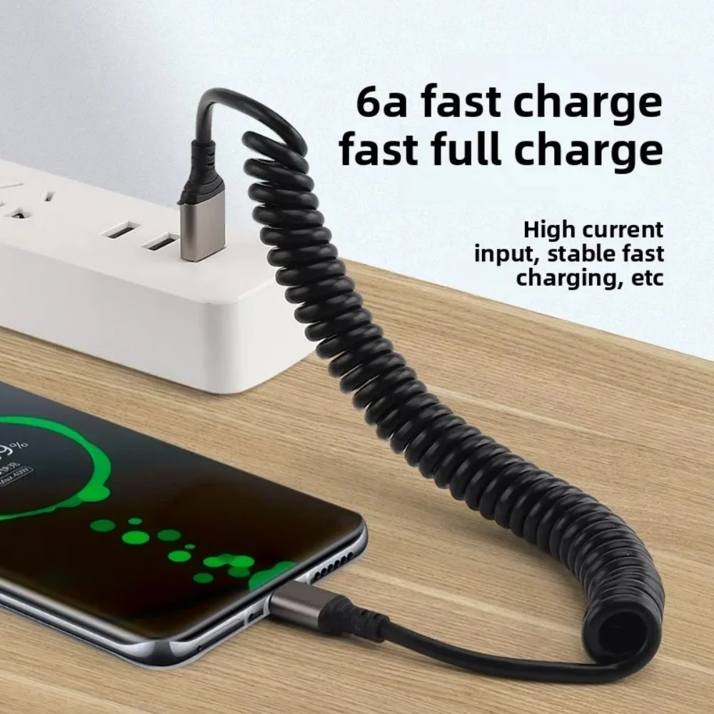 6A 66W USB Type C Cable PD Fast Charging Retractable Spring Data Cord For Unoversal USB Charger USB C Phone Charge Cable